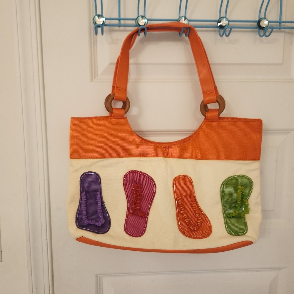 Seaside Canvas Flip Flops Beaded Beach Shoulder Bag Orange Multicolor #O